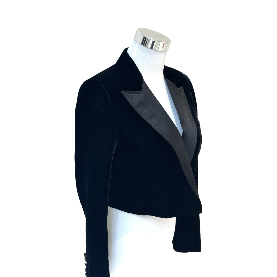 YSL Black Cropped Satin Trimmed Velvet Blazer Jacket # 36