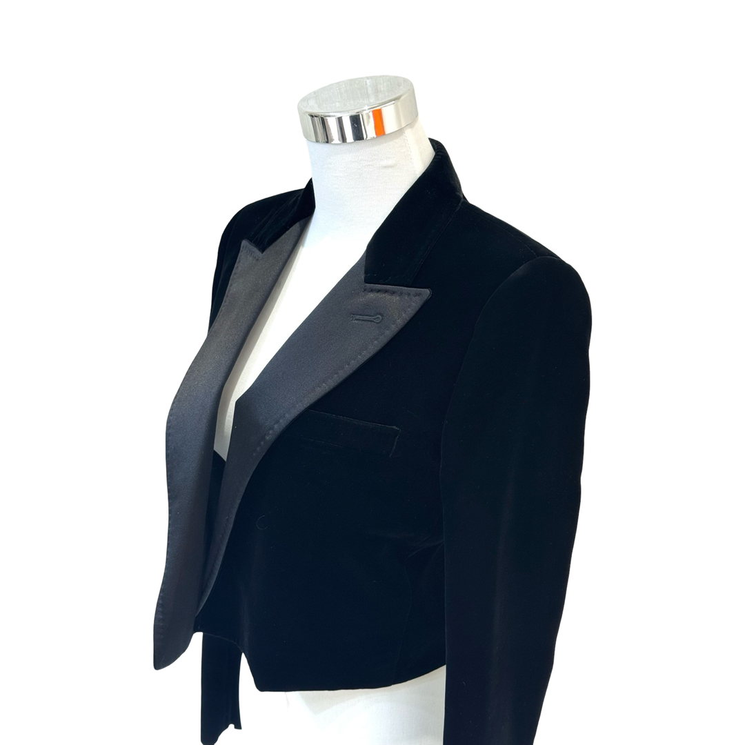 YSL Black Cropped Satin Trimmed Velvet Blazer Jacket # 36