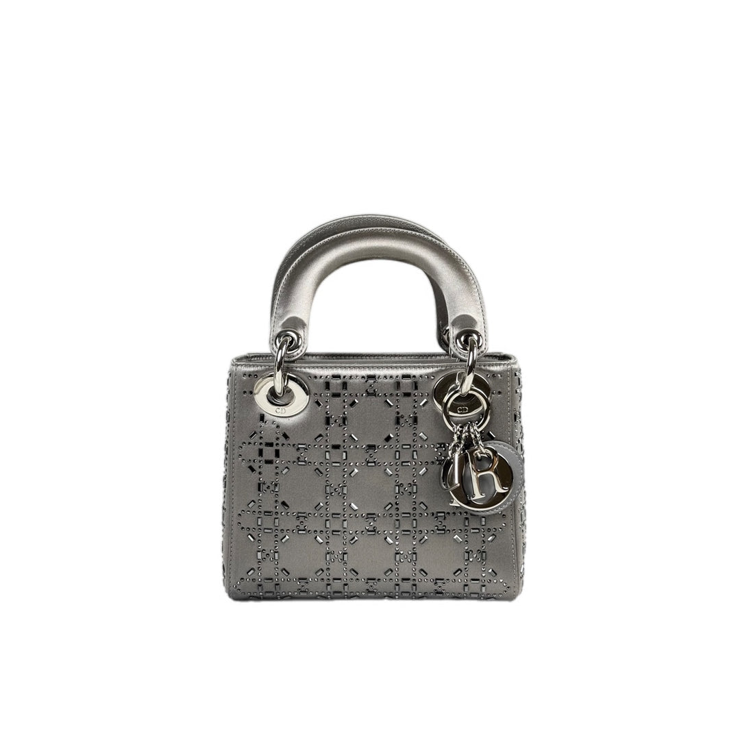 Dior Lady Dior Mini Grey Silk Crystal Bag