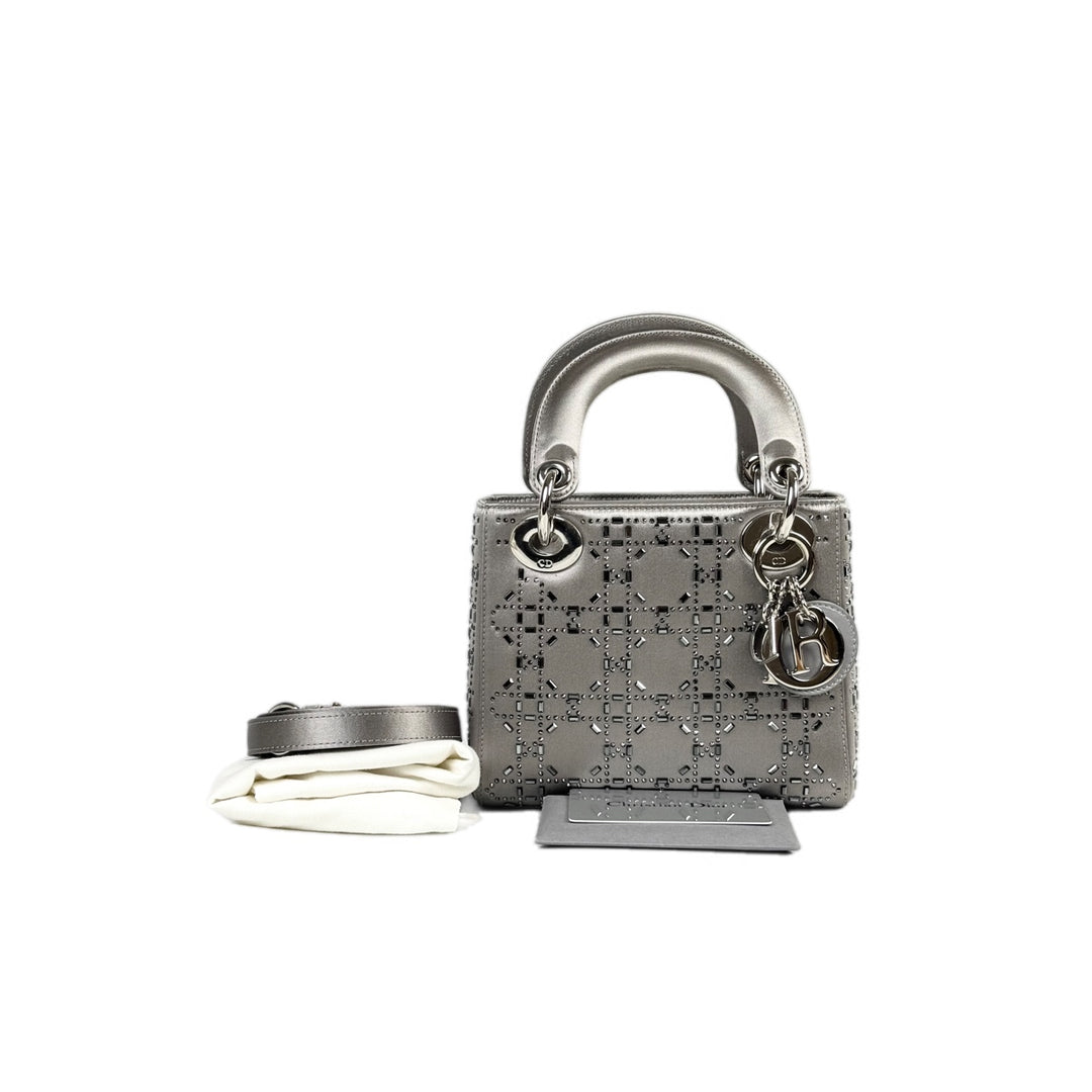 Dior Lady Dior Mini Grey Silk Crystal Bag