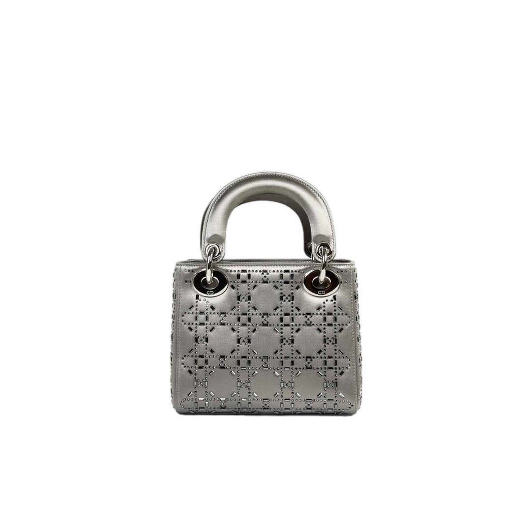 Dior Lady Dior Mini Grey Silk Crystal Bag