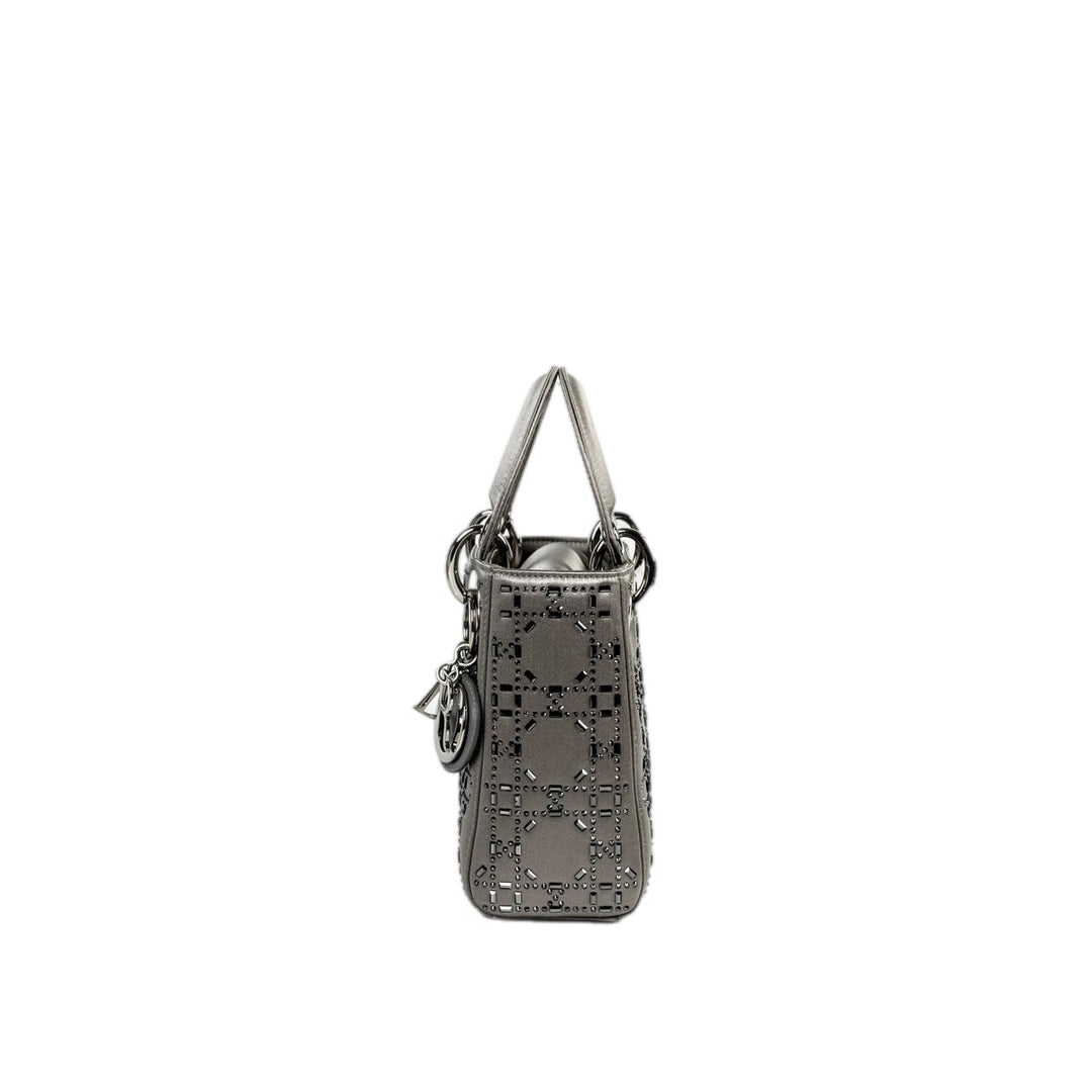 Dior Lady Dior Mini Grey Silk Crystal Bag
