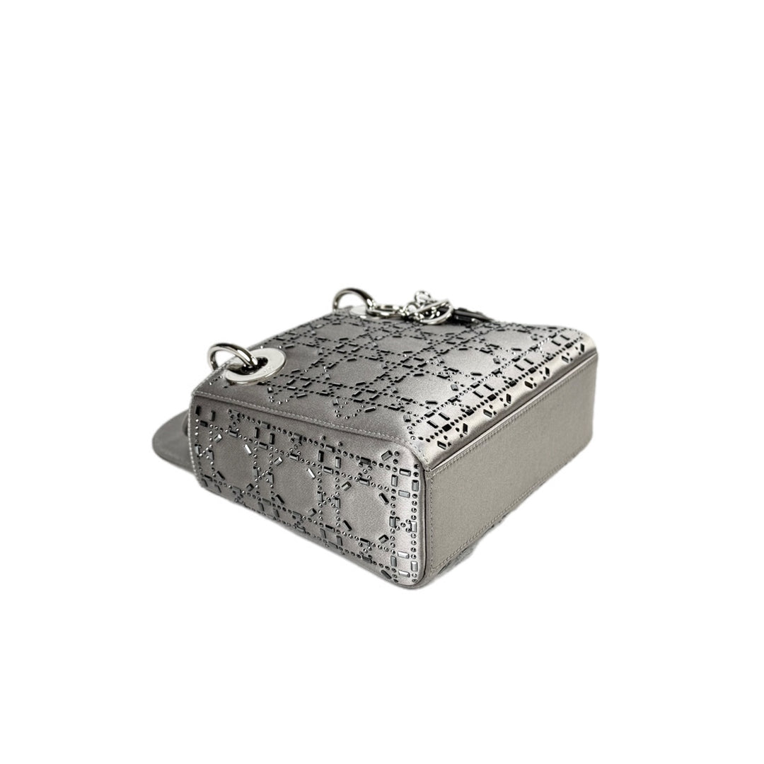 Dior Lady Dior Mini Grey Silk Crystal Bag
