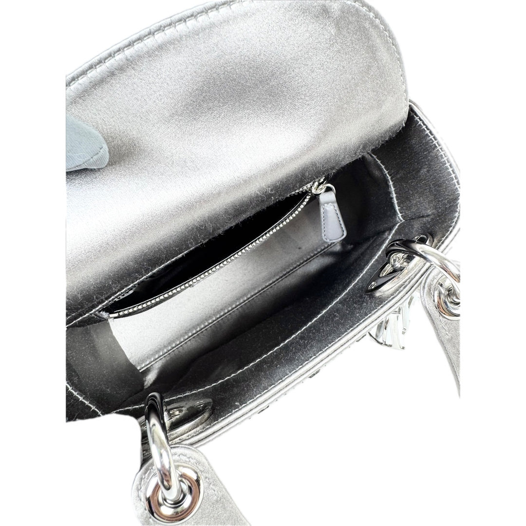 Dior Lady Dior Mini Grey Silk Crystal Bag
