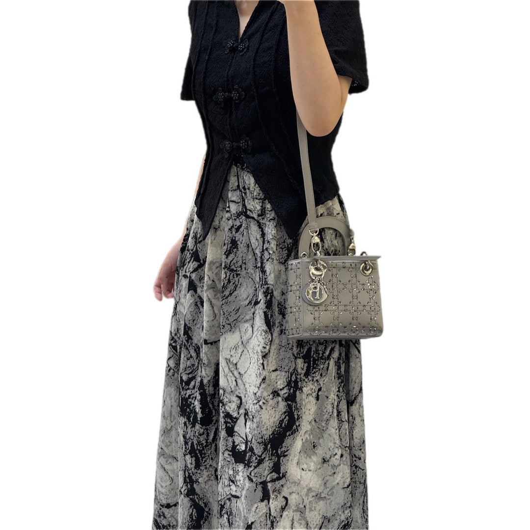 Dior Lady Dior Mini Grey Silk Crystal Bag