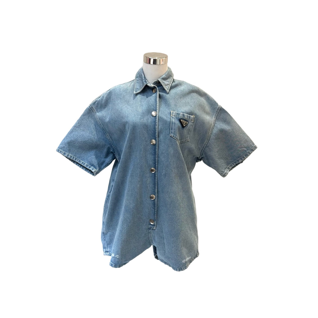 Prada Blue Short-Sleeve Denim Jumpsuit #42