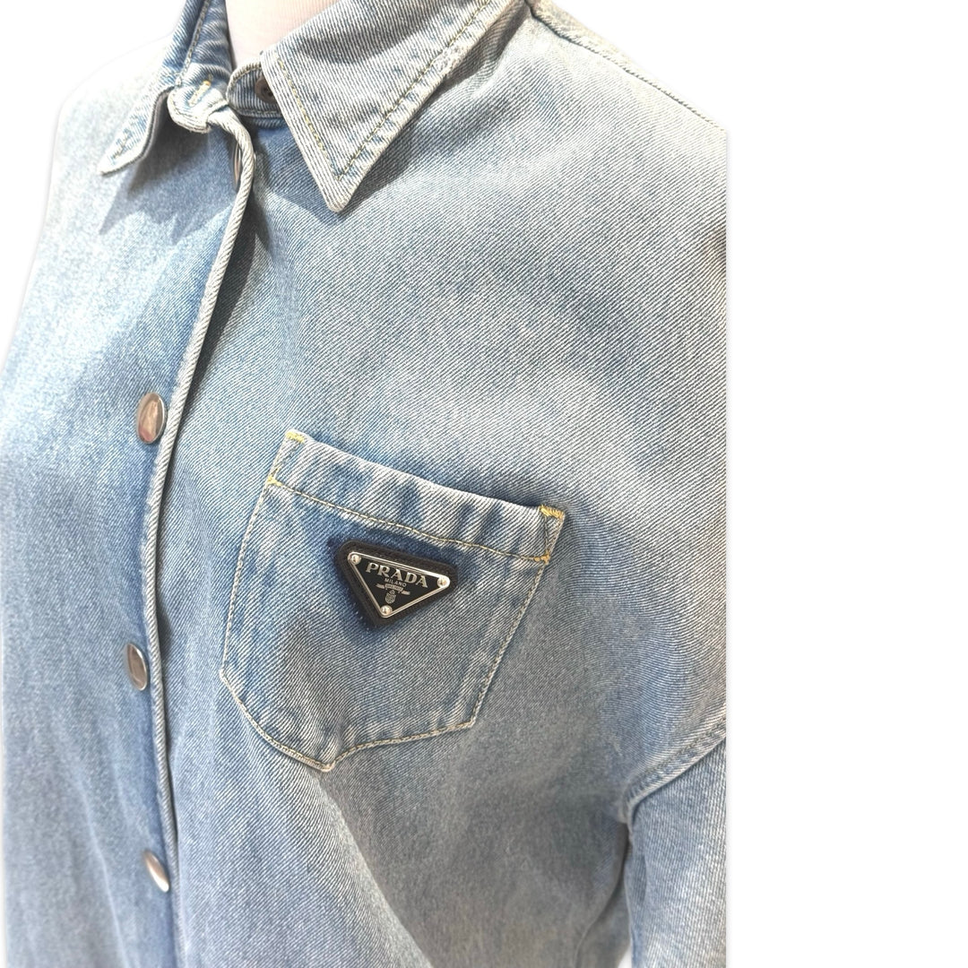 Prada Blue Short-Sleeve Denim Jumpsuit #42