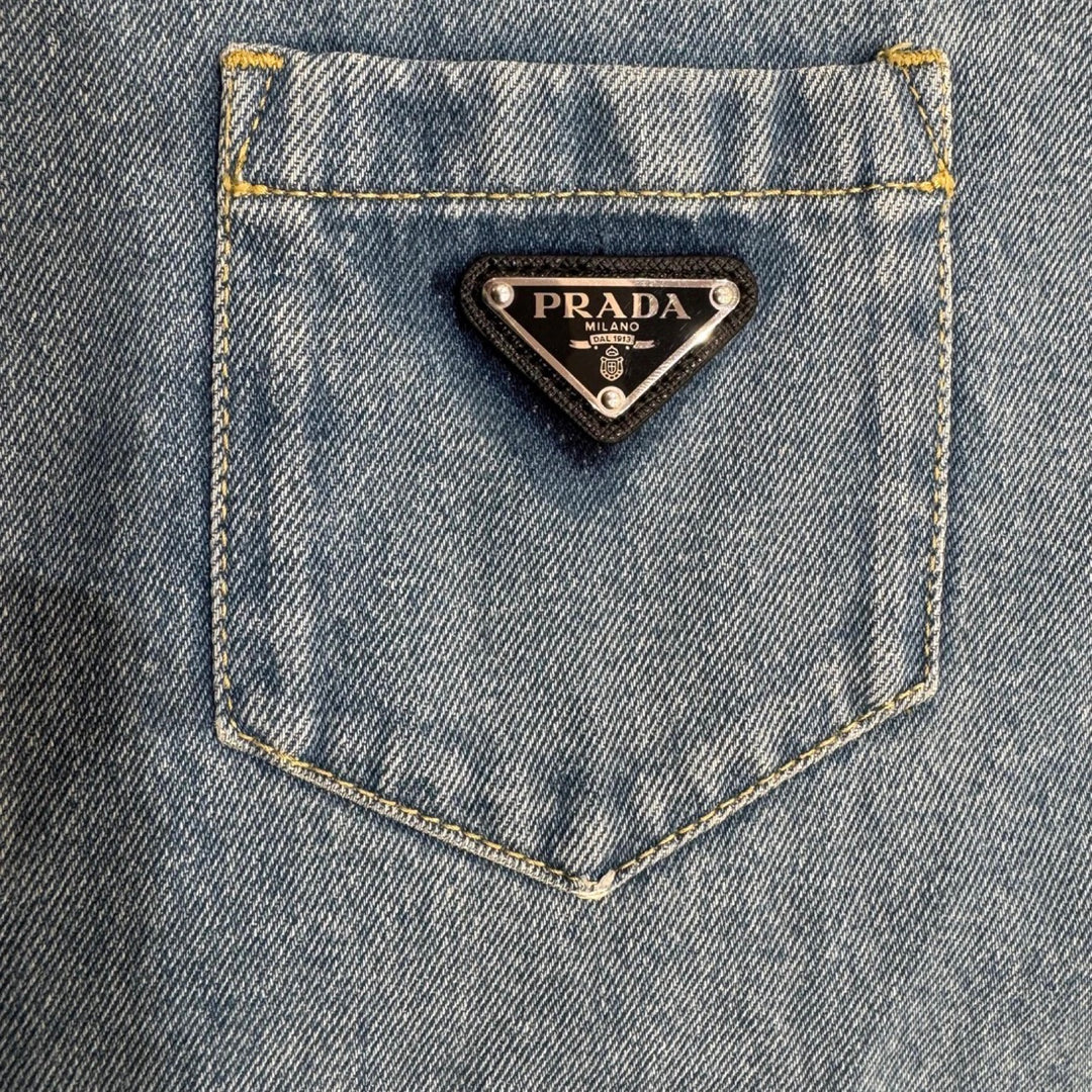 Prada Blue Short-Sleeve Denim Jumpsuit #42