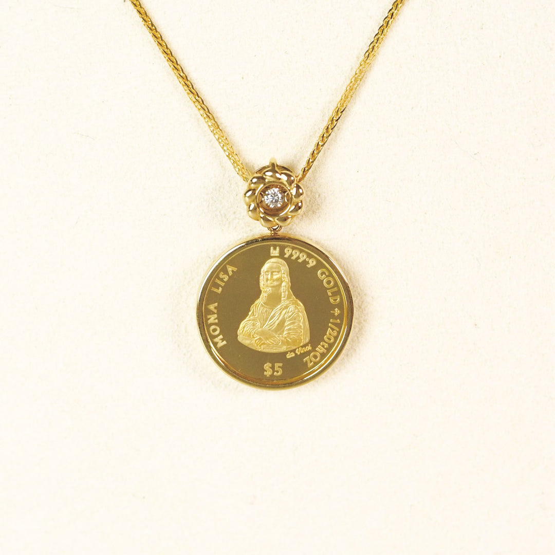 Natural White Diamond Coin Necklace D0.02ct,18K Yellow Gold