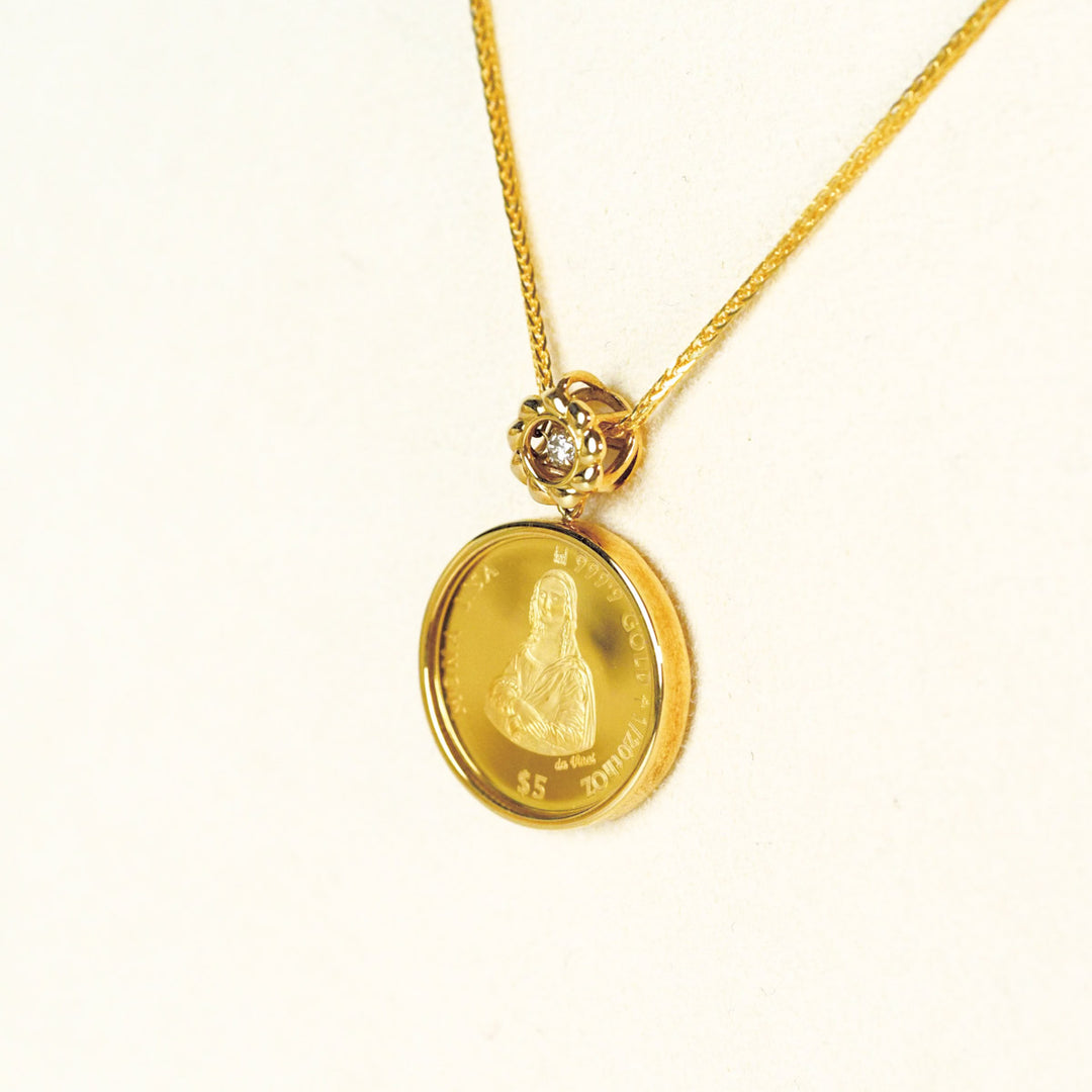 Natural White Diamond Coin Necklace D0.02ct,18K Yellow Gold