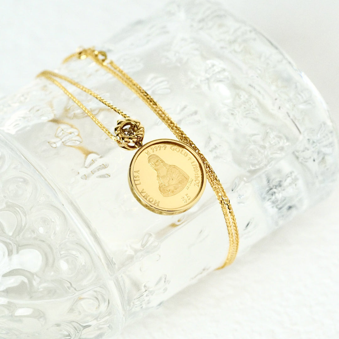 Natural White Diamond Coin Necklace D0.02ct,18K Yellow Gold