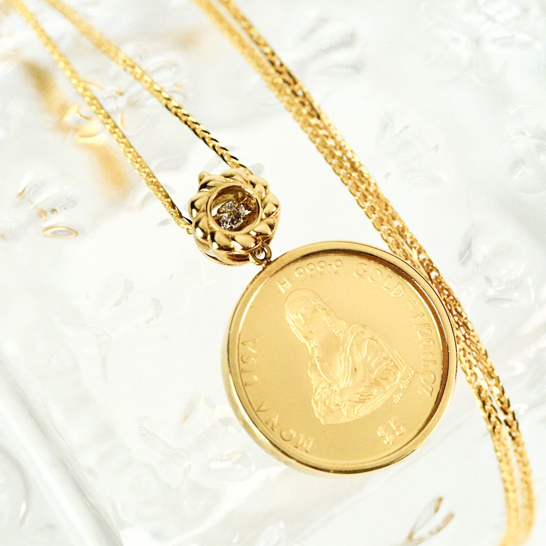 Natural White Diamond Coin Necklace D0.02ct,18K Yellow Gold
