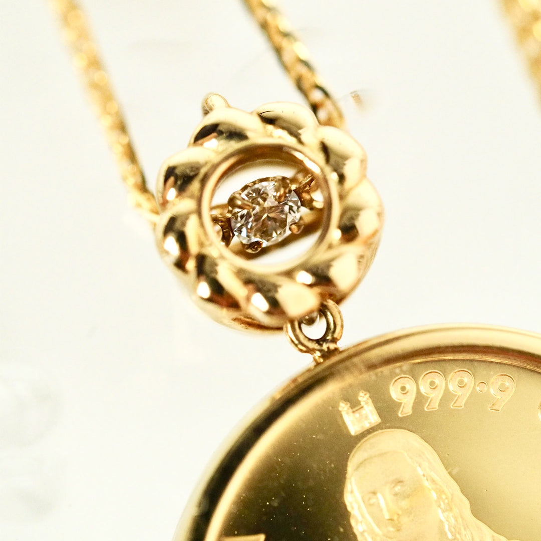 Natural White Diamond Coin Necklace D0.02ct,18K Yellow Gold