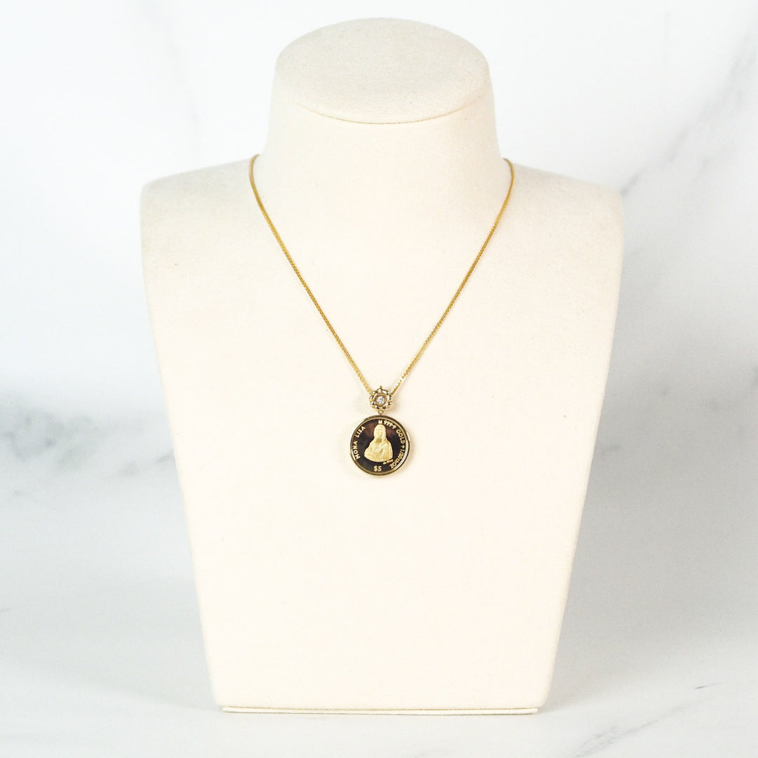 Natural White Diamond Coin Necklace D0.02ct,18K Yellow Gold