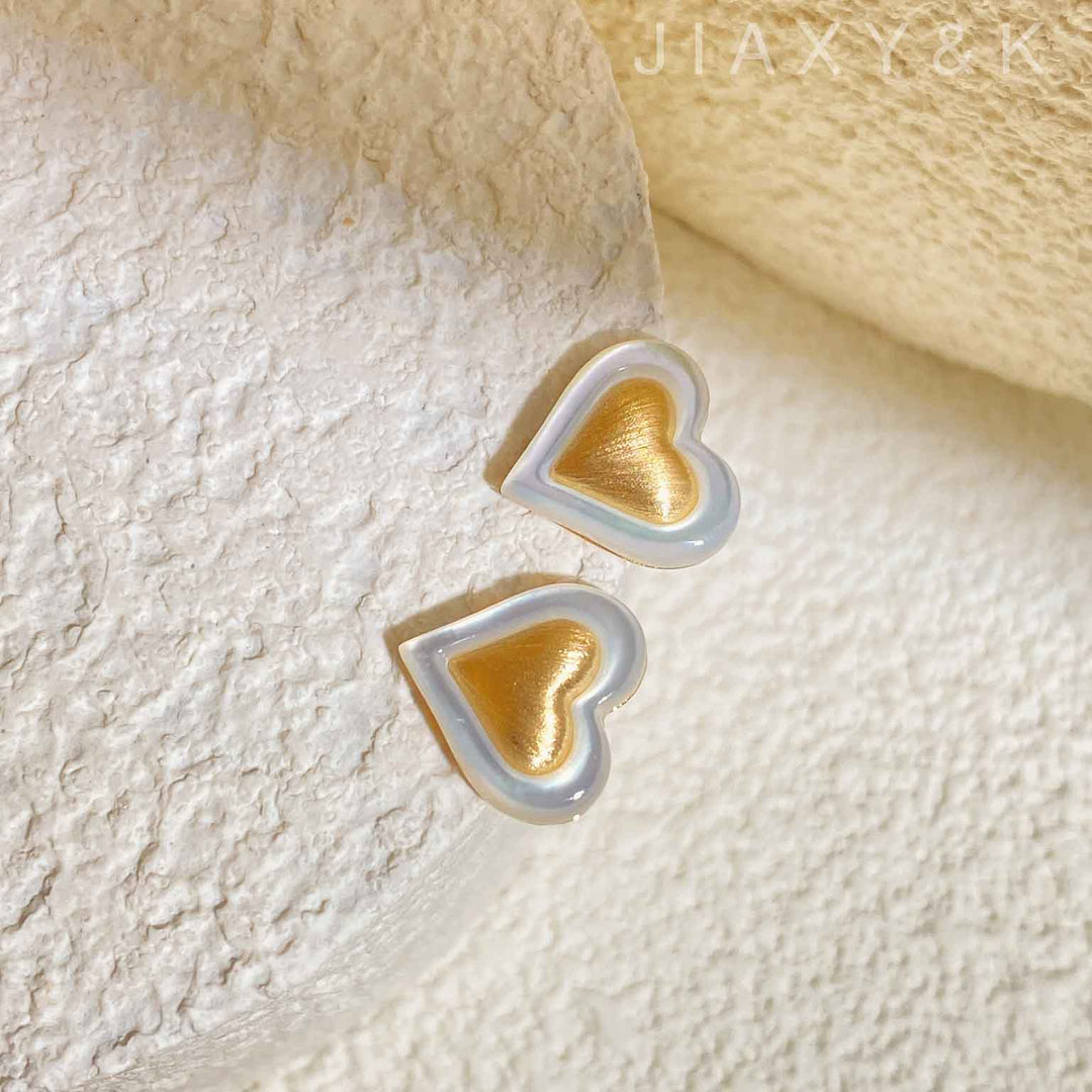 Plain 18k Yellow Gold Heart Earrings White Mother of Pearl, 1.668g