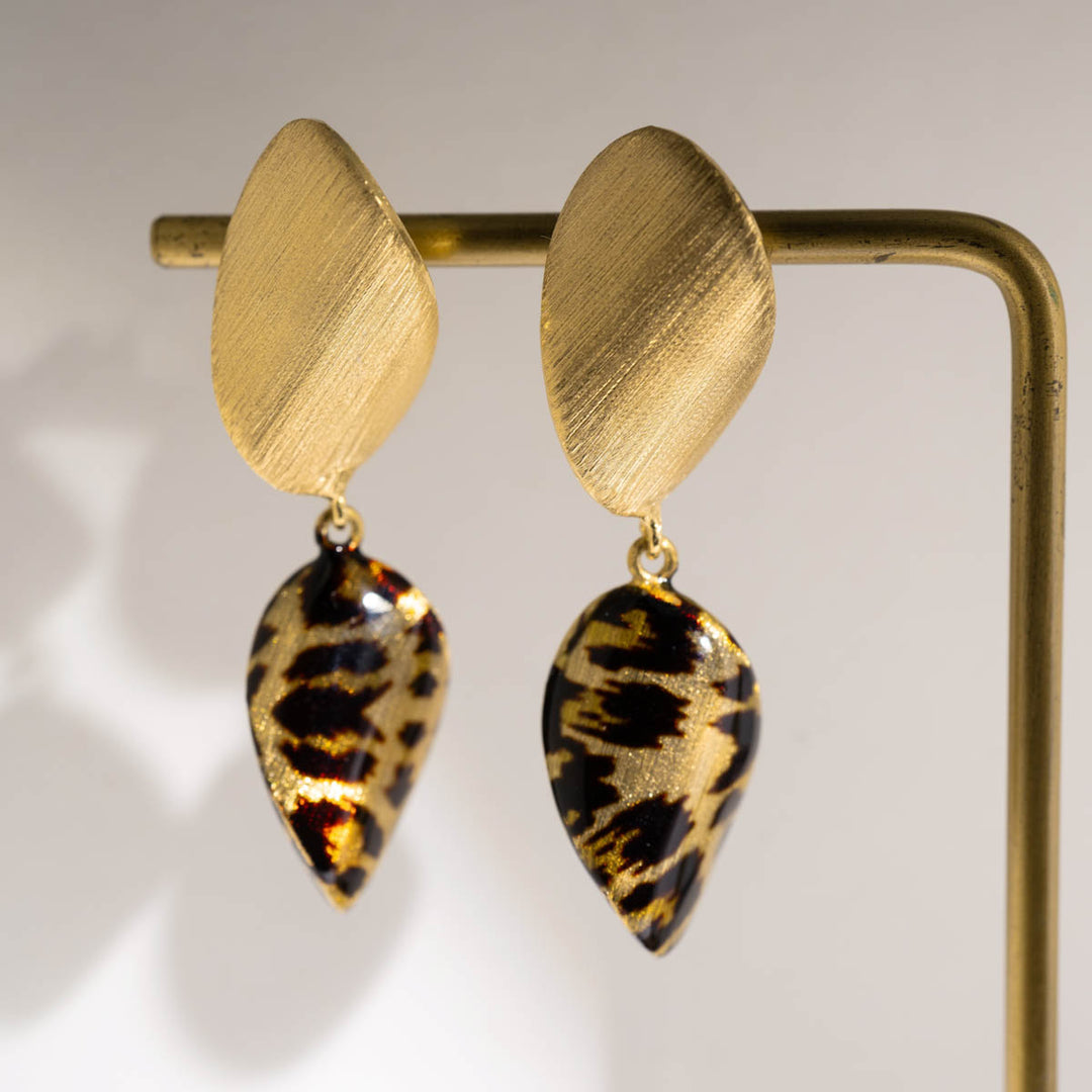 18K Solid Yellow Gold Brushed Leopard‑Print Earrings, 4.51g
