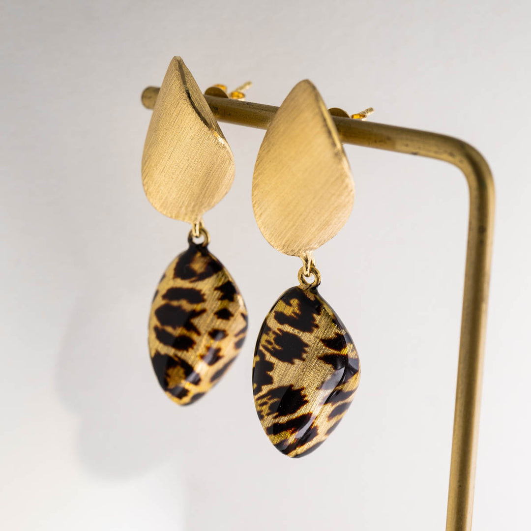 18K Solid Yellow Gold Brushed Leopard‑Print Earrings, 4.51g