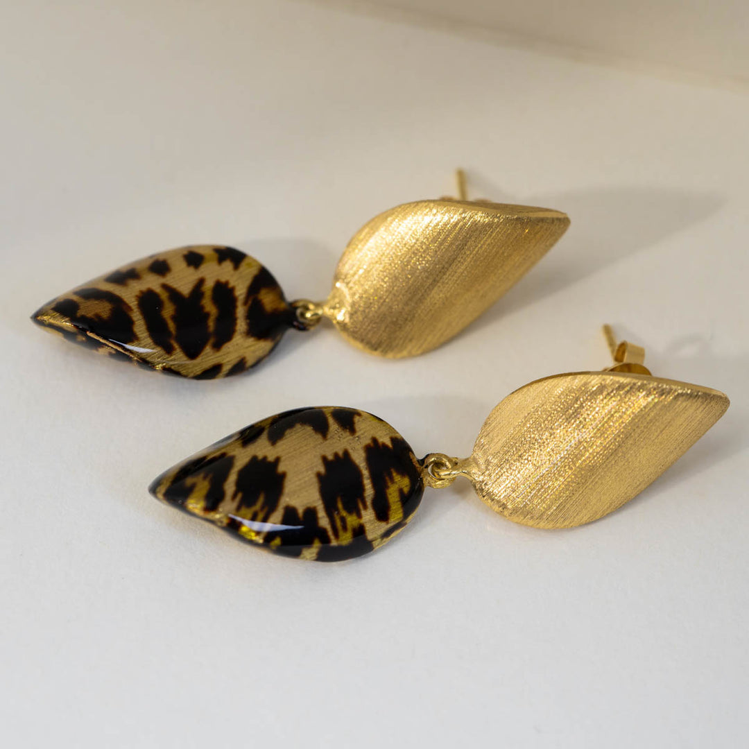 18K Solid Yellow Gold Brushed Leopard‑Print Earrings, 4.51g