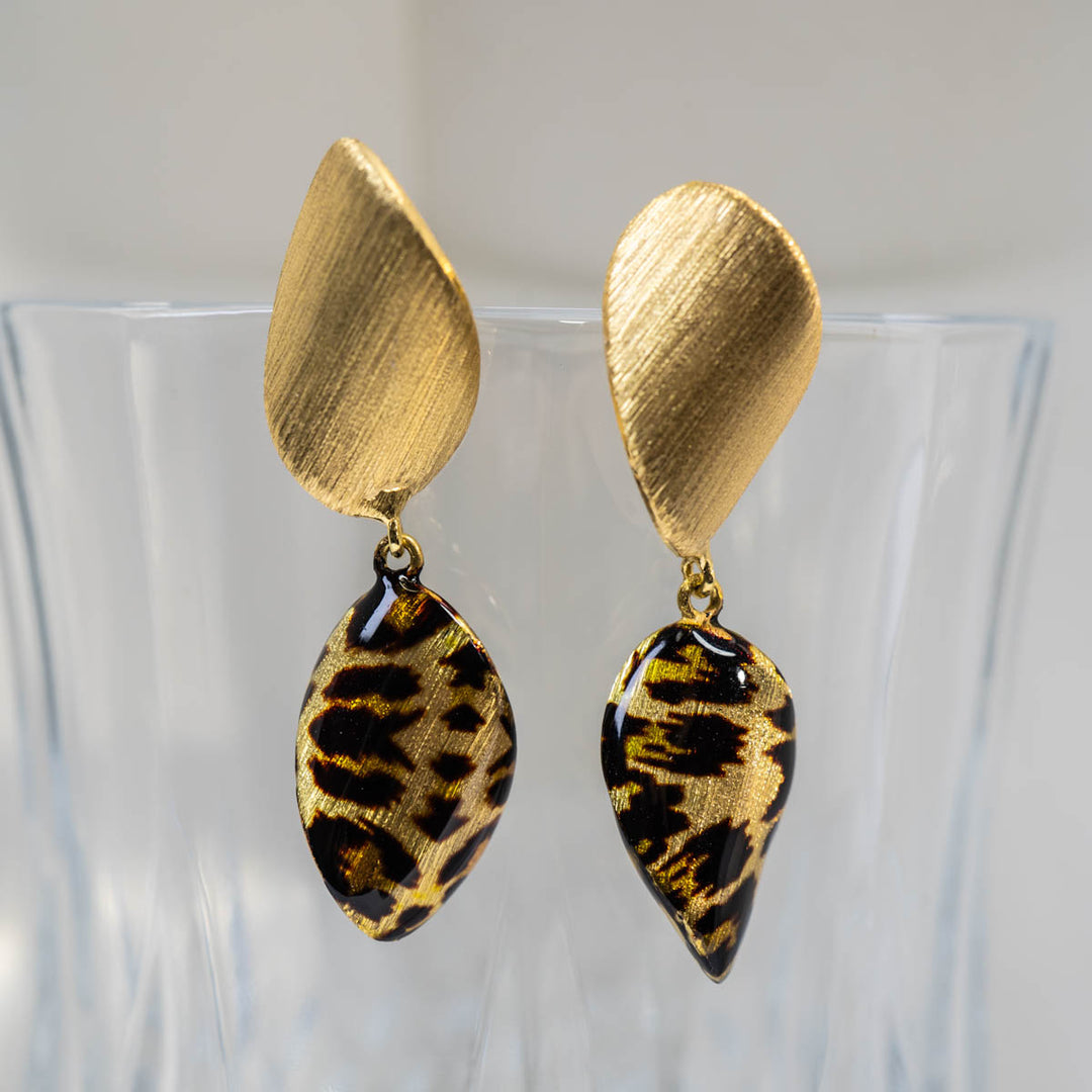 18K Solid Yellow Gold Brushed Leopard‑Print Earrings, 4.51g