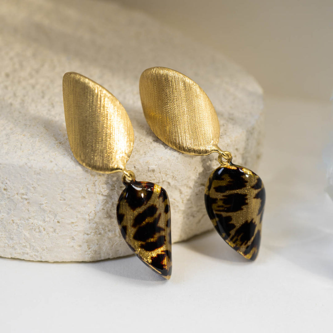 18K Solid Yellow Gold Brushed Leopard‑Print Earrings, 4.51g
