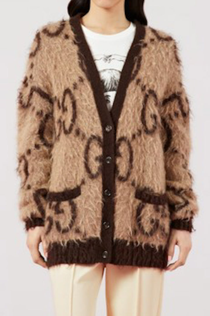 Gucci Brown Mohair Reversible Monogram Cardigan #L