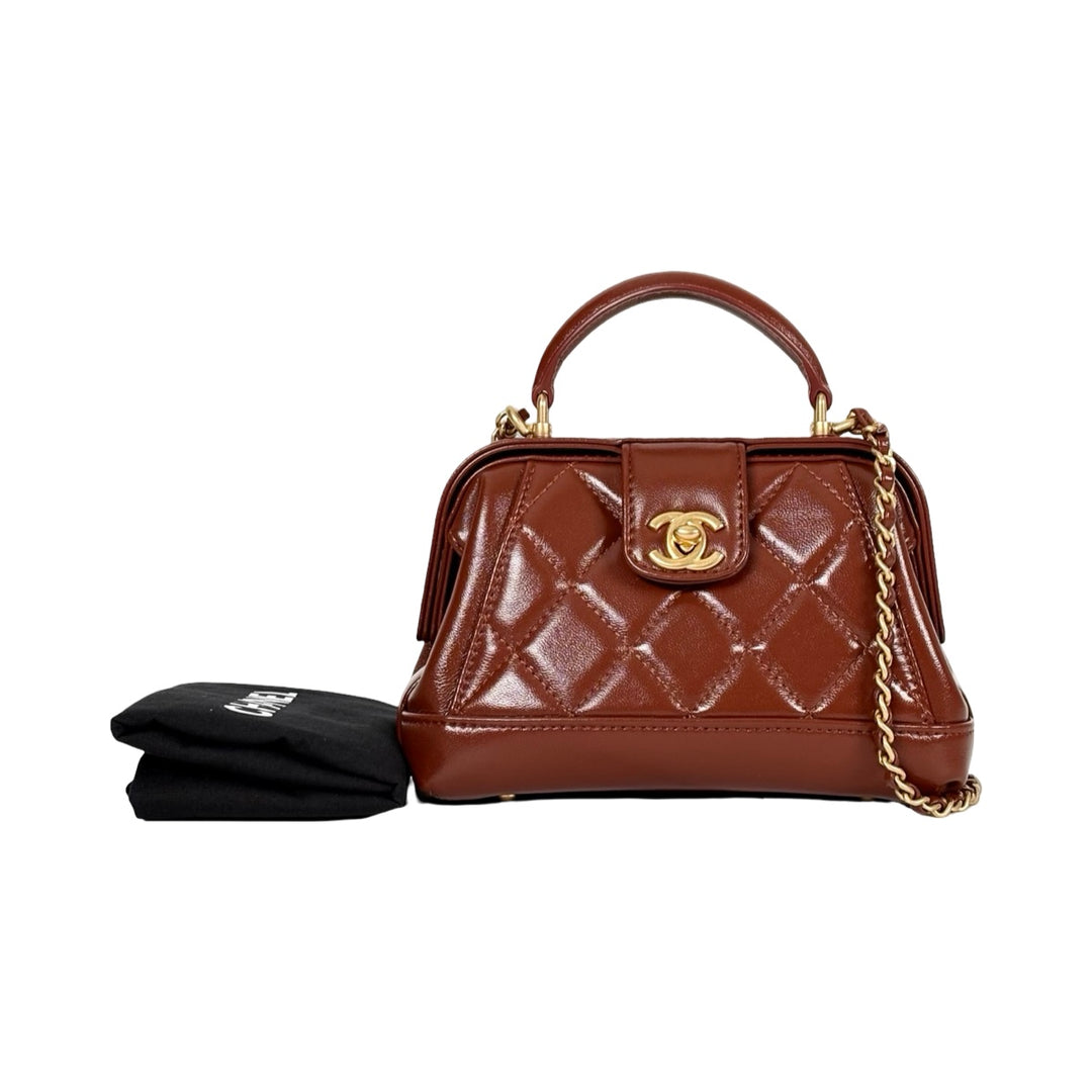 Chanel Shiny Lambskin Quilted Mini Cocodoc Top Handle Brown Bag