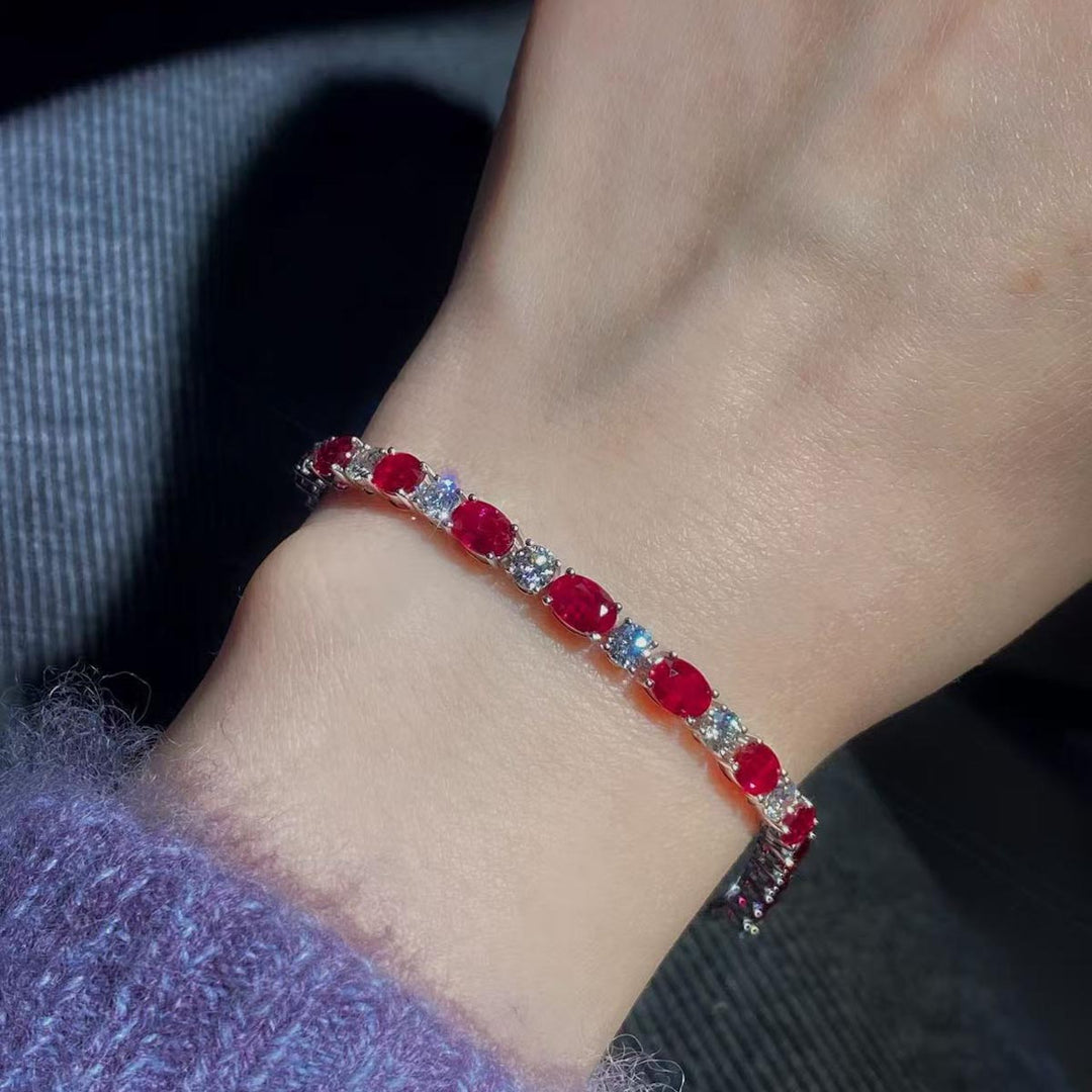 Burma Natural Pigeon Blood Ruby Tennis Diamond Bracelet D10.00ct d3.38ct 18K Gold