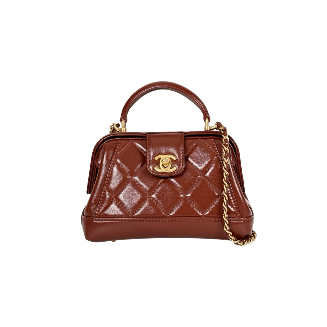 Chanel Shiny Lambskin Quilted Mini Cocodoc Top Handle Brown Bag