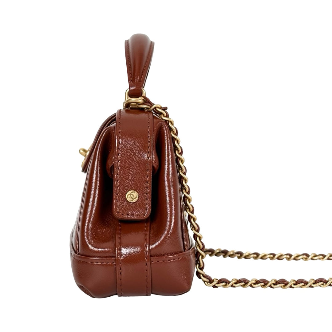 Chanel Shiny Lambskin Quilted Mini Cocodoc Top Handle Brown Bag