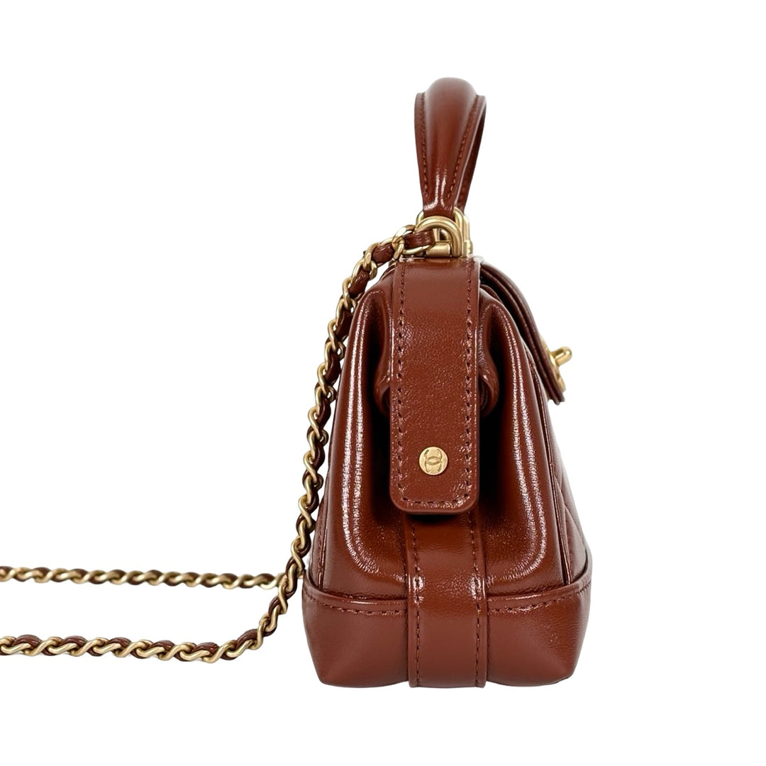 Chanel Shiny Lambskin Quilted Mini Cocodoc Top Handle Brown Bag