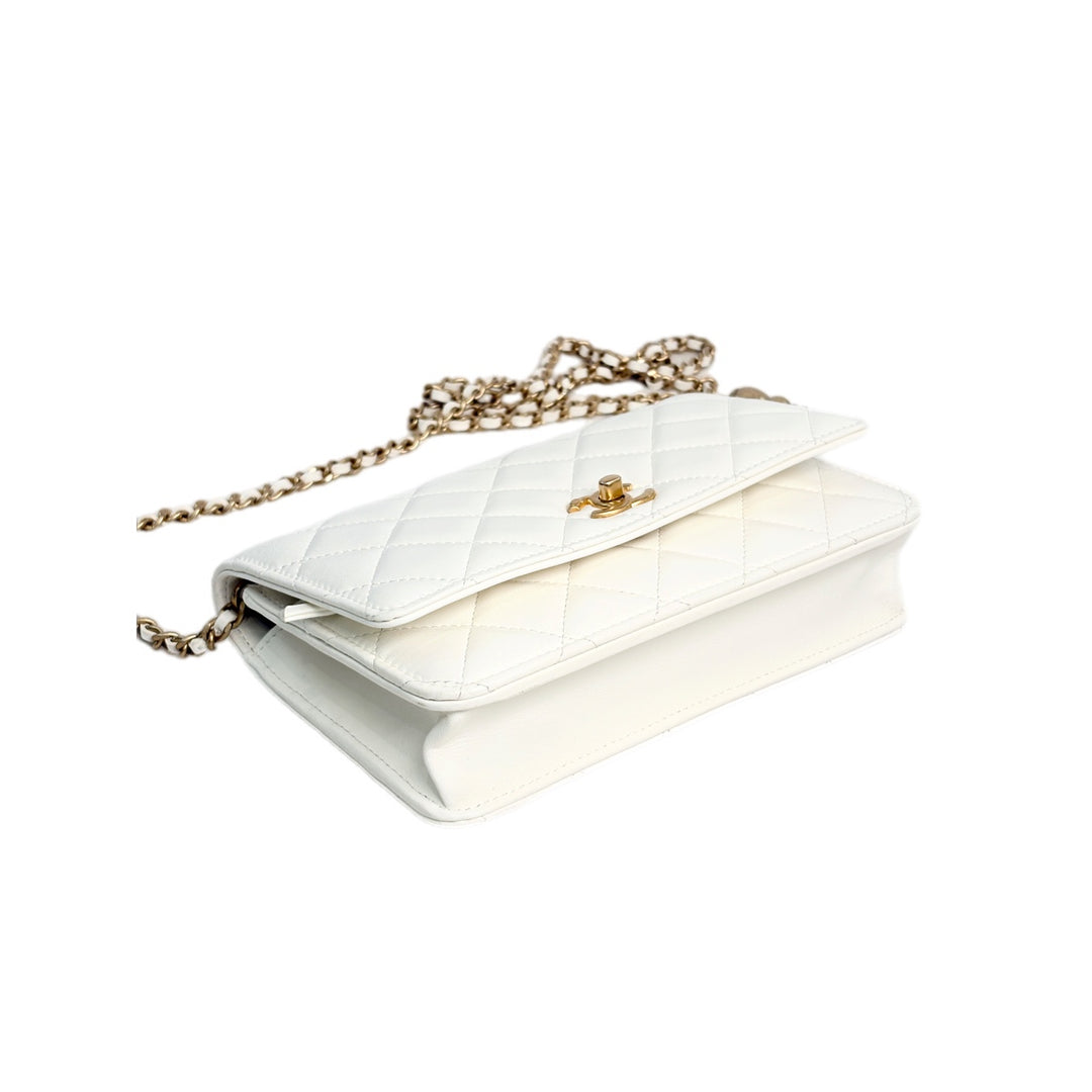 Chanel White Classic Flap  Woc with Crush Pearl Bag