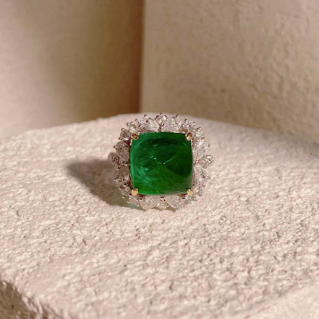 Emerald Sugarloaf Ring & Pendant  D8.24ct d1.53ct. 18K GUILD Verdant Minor