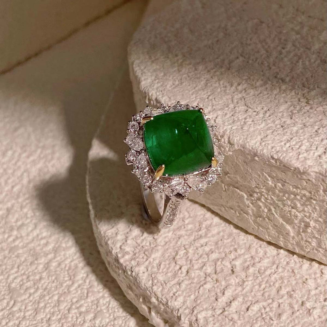 Emerald Sugarloaf Ring & Pendant  D8.24ct d1.53ct. 18K GUILD Verdant Minor