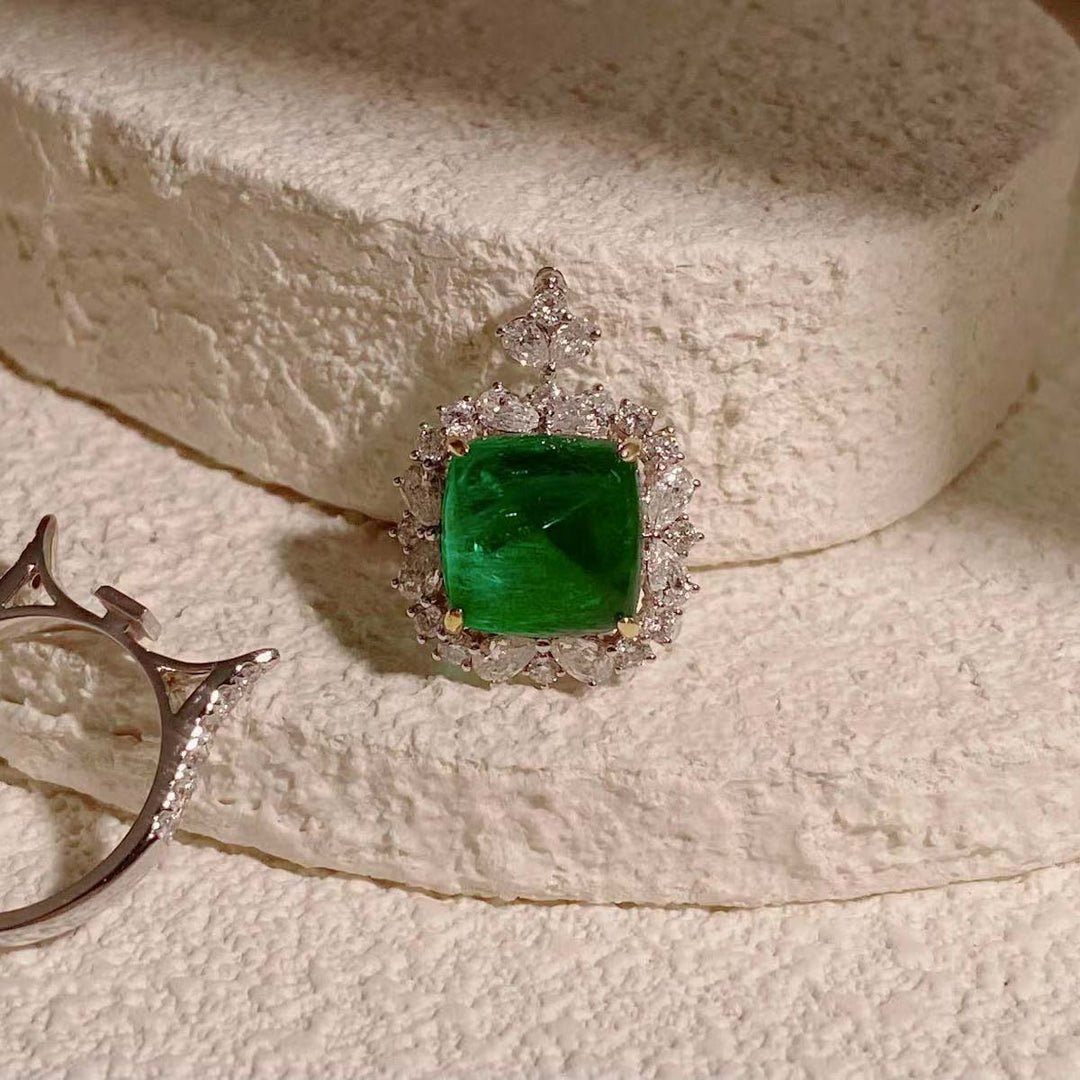 Emerald Sugarloaf Ring & Pendant  D8.24ct d1.53ct. 18K GUILD Verdant Minor