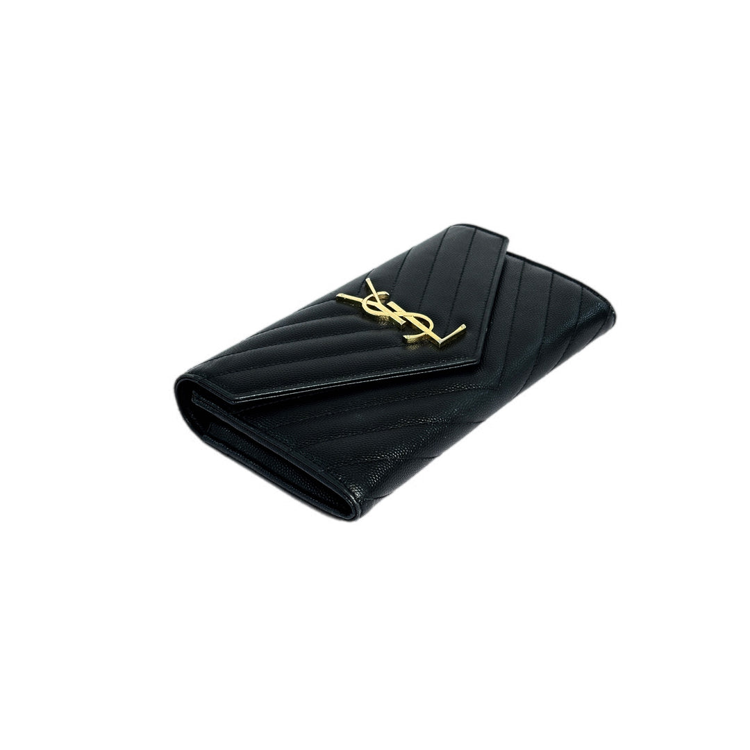 YSL Black Grained Calfskin Long Wallet
