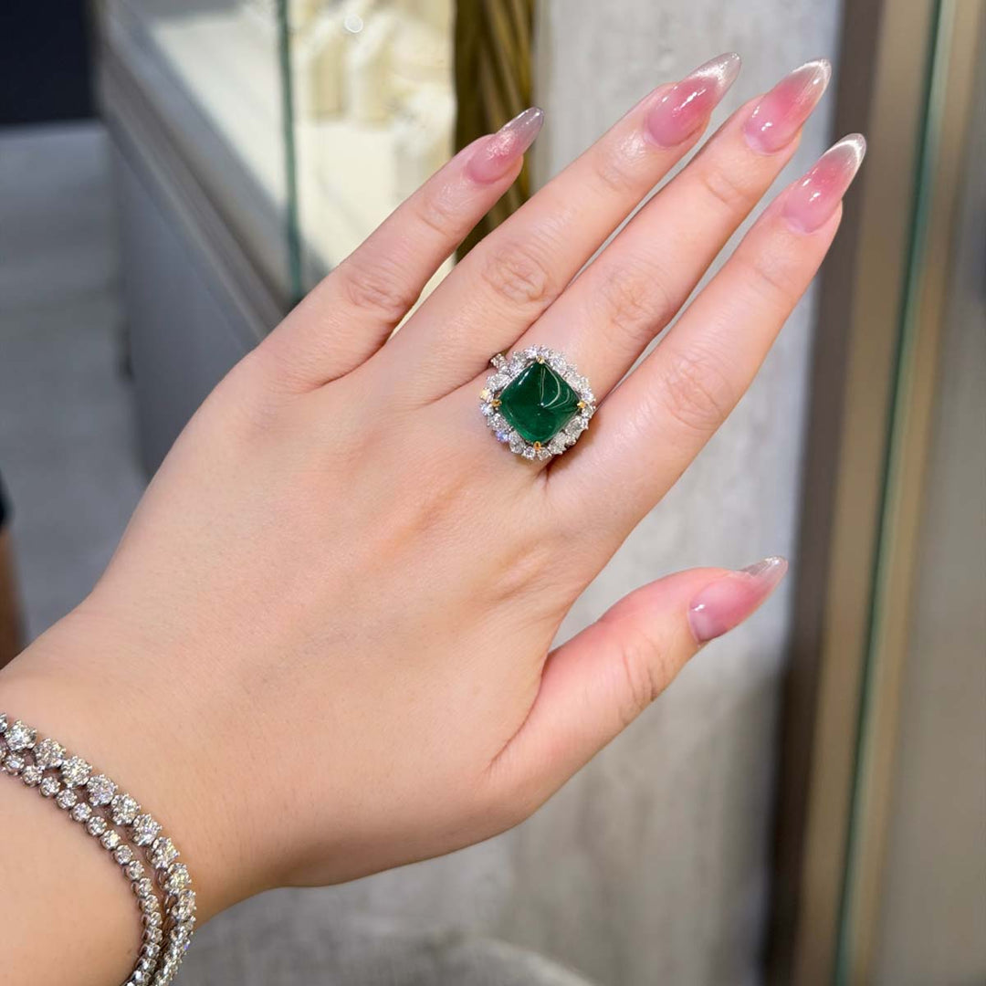 Emerald Sugarloaf Ring & Pendant  D8.24ct d1.53ct. 18K GUILD Verdant Minor