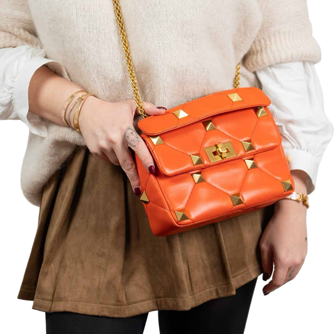 Valentino Orange Roman Stud Handle Chain Bag