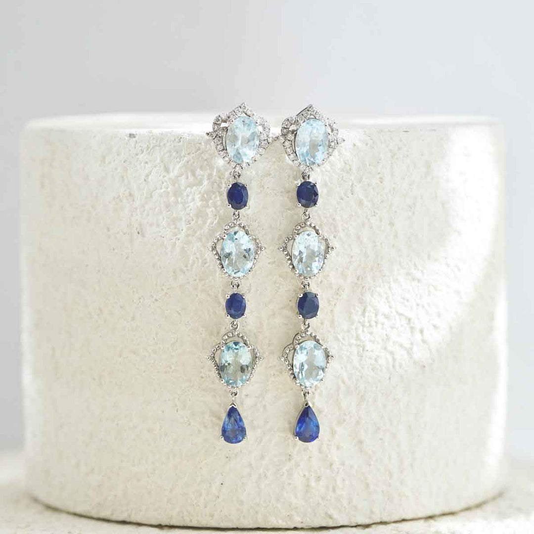 Natural Aquamarine Earrings 5.55ct With Diamond 0.26ct and Sapphire 18K Gold