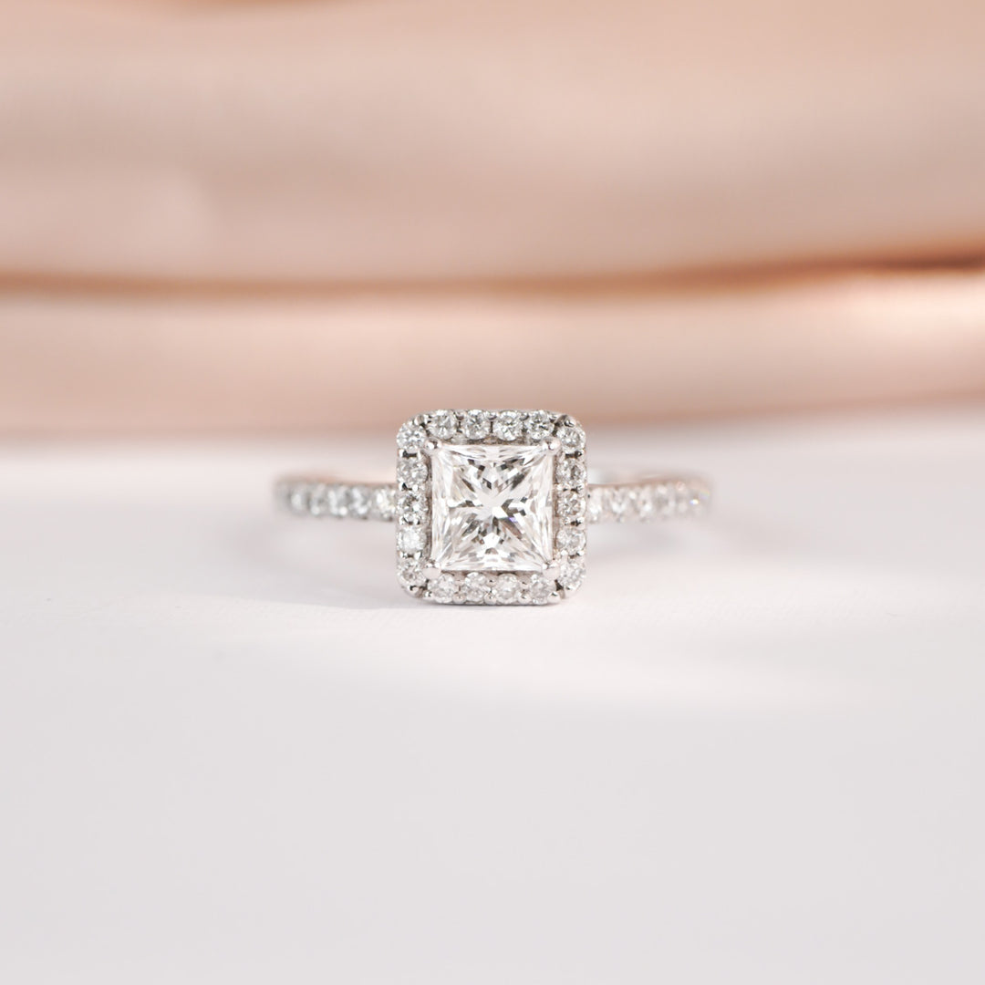 Natural White Diamond Square Ring D1.01ct d0.36ct, 18K Gold GIA