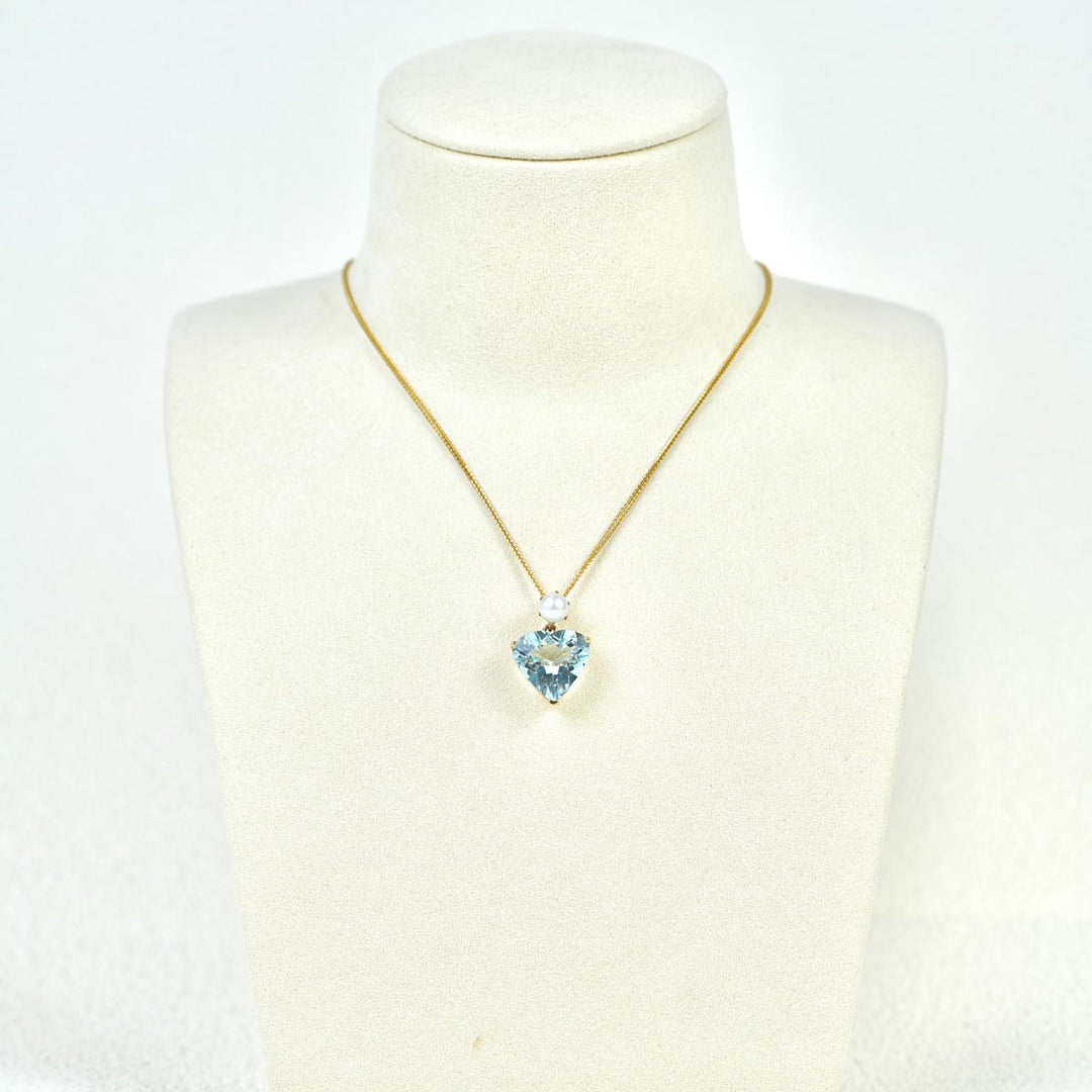 Natural Heart Aquamarine Stone 3.1ct Necklace With Akoya Pearl 18K Gold