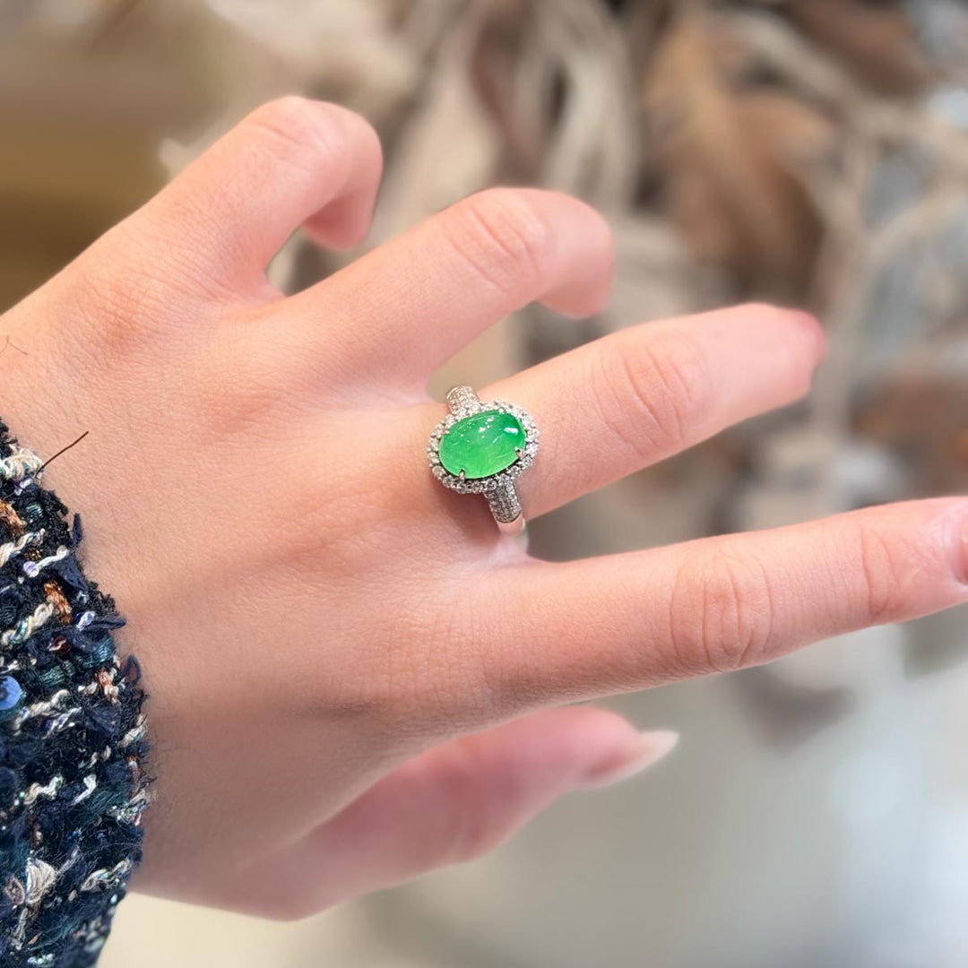Natural Green Burmese Jade Cabochon Diamond Ring 18K Gold