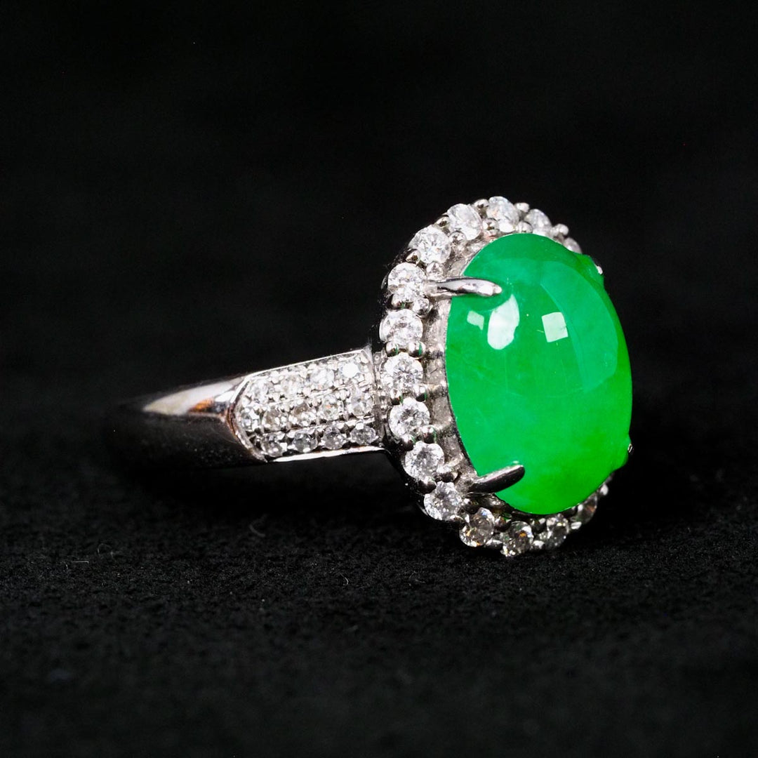 Natural Green Burmese Jade Cabochon Diamond Ring 18K Gold