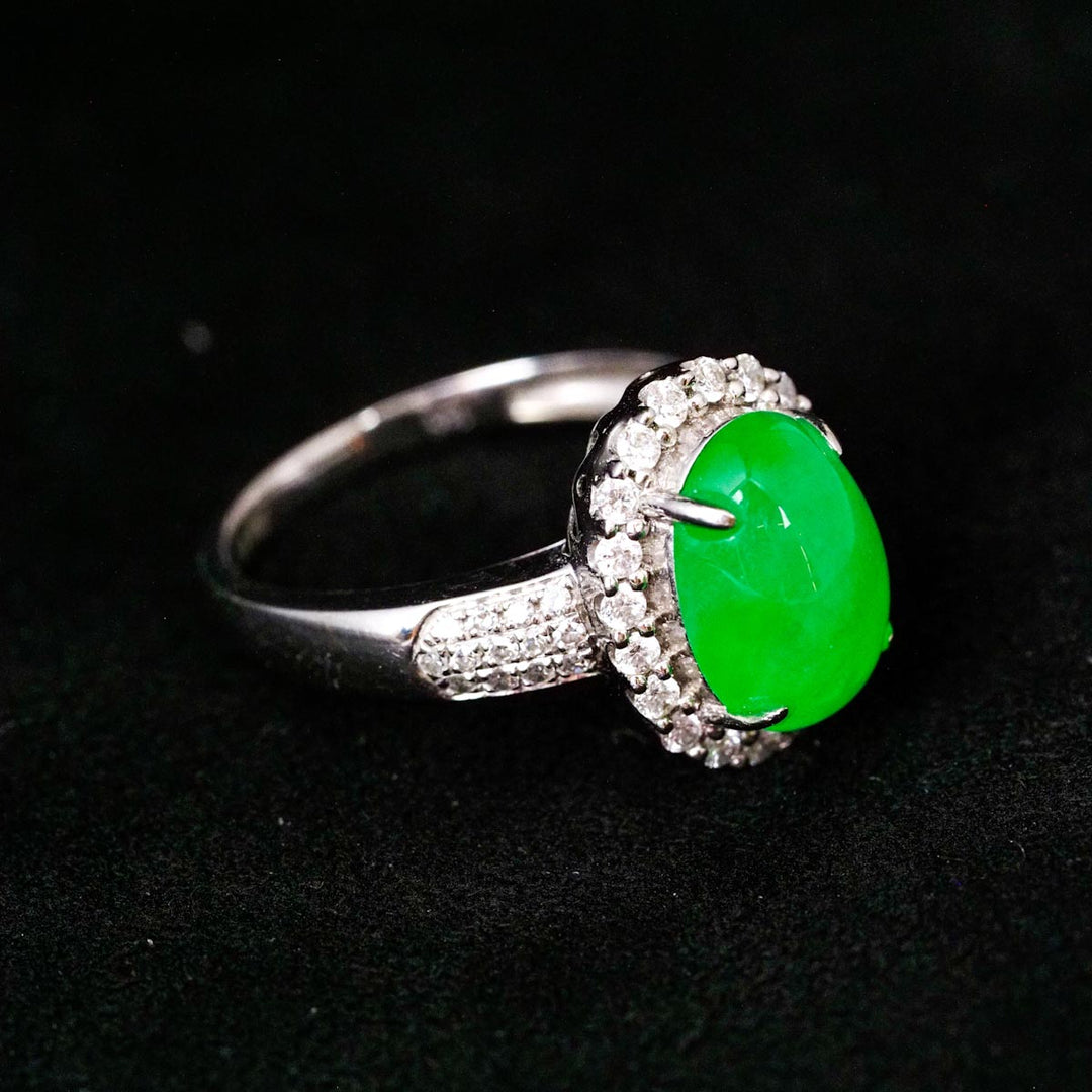 Natural Green Burmese Jade Cabochon Diamond Ring 18K Gold