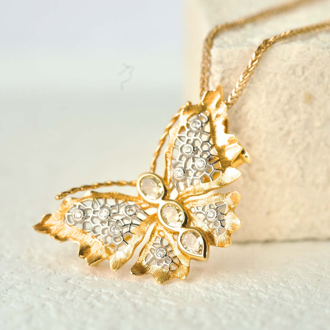Natural Yellow Diamond Butterfly Necklace/Brooch D0.43ct d0.05ct. 18K