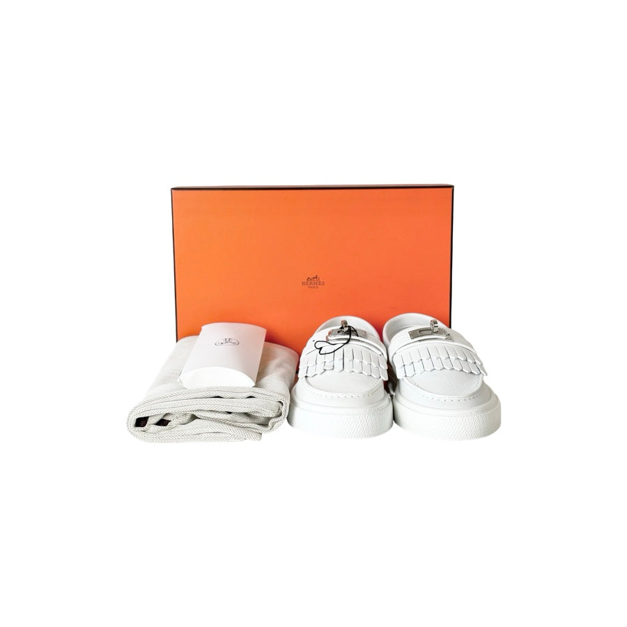 Hermes Game Epsom Calfskin Slip On Loafer Shoes White 34#