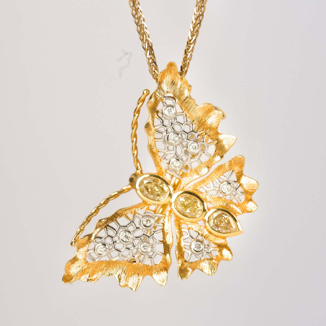 Natural Yellow Diamond Butterfly Necklace/Brooch D0.43ct d0.05ct. 18K