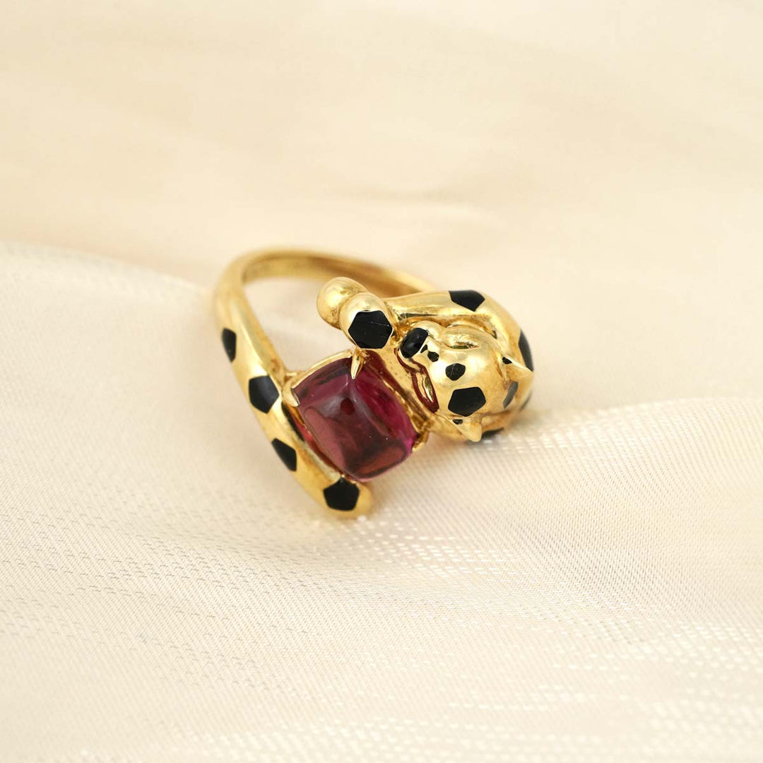 Cabochon Rubellite Tourmaline Panther Ring D1.56ct,18K