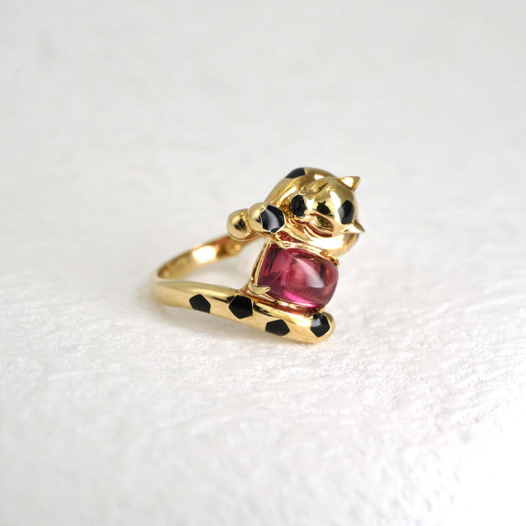 Cabochon Rubellite Tourmaline Panther Ring D1.56ct,18K