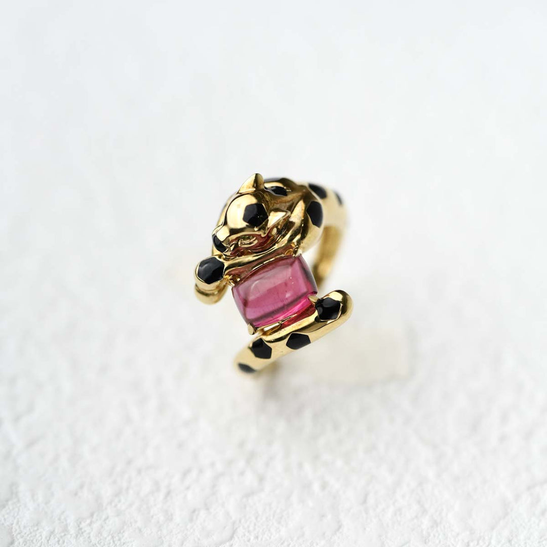 Cabochon Rubellite Tourmaline Panther Ring D1.56ct,18K