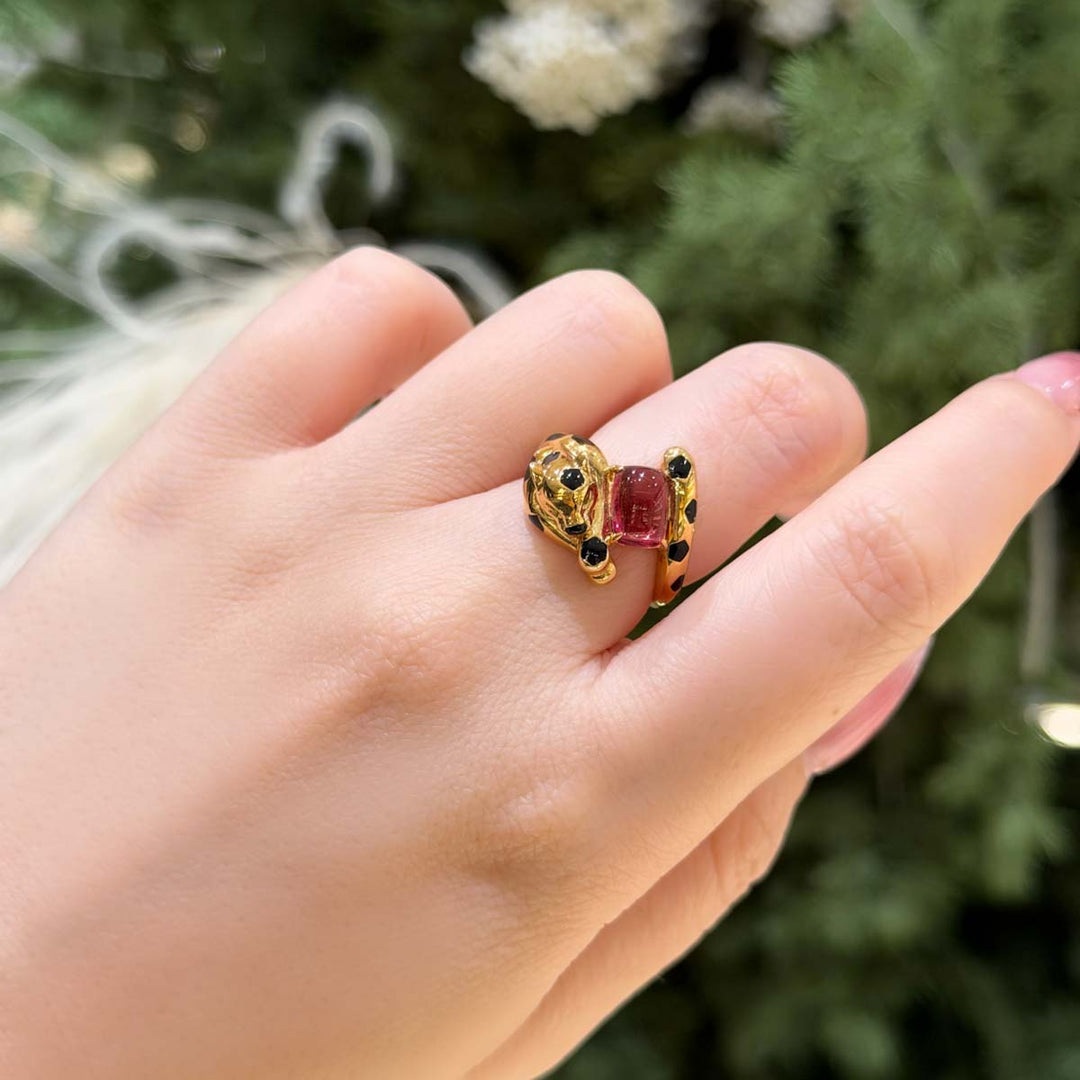 Cabochon Rubellite Tourmaline Panther Ring D1.56ct,18K